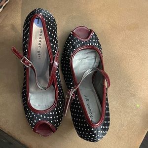 Madden girl peep toe. Adorable red heel and strap, black and white polka dot.